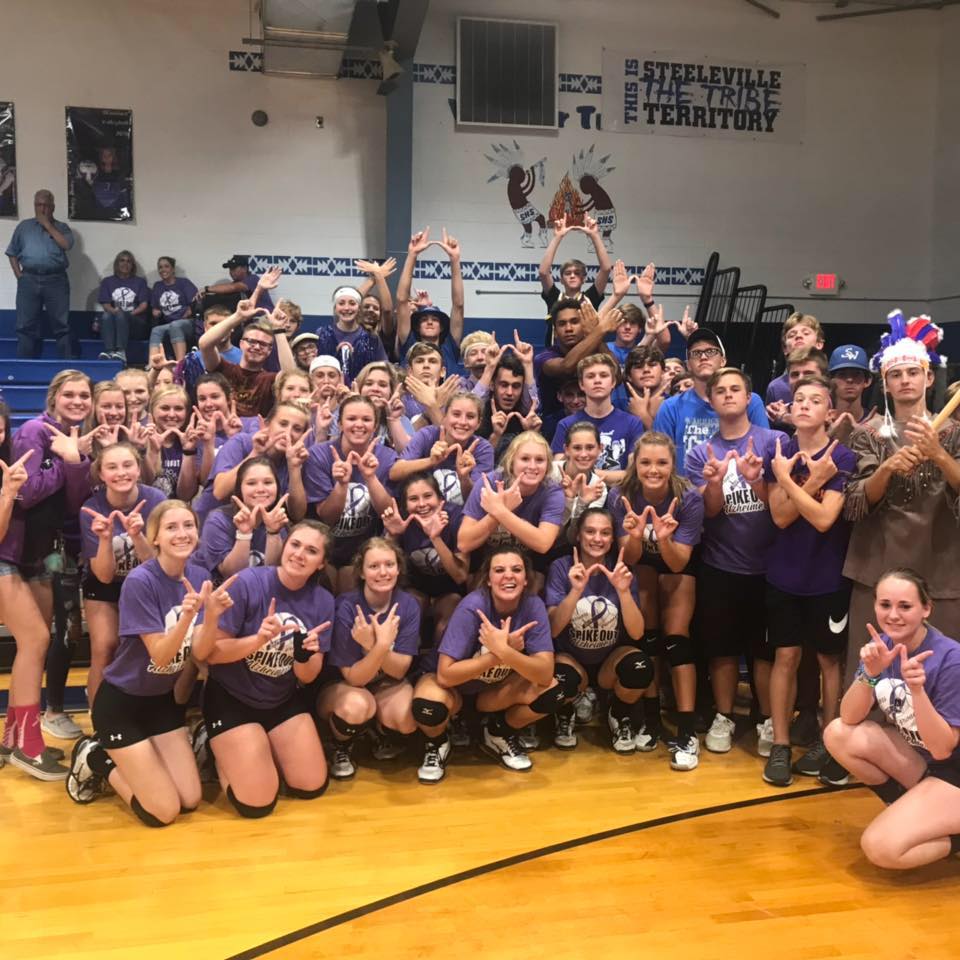 The tribe section joining the volleyball players after the win on September 11, 2019 from frosh and varsity team in the spike out game.